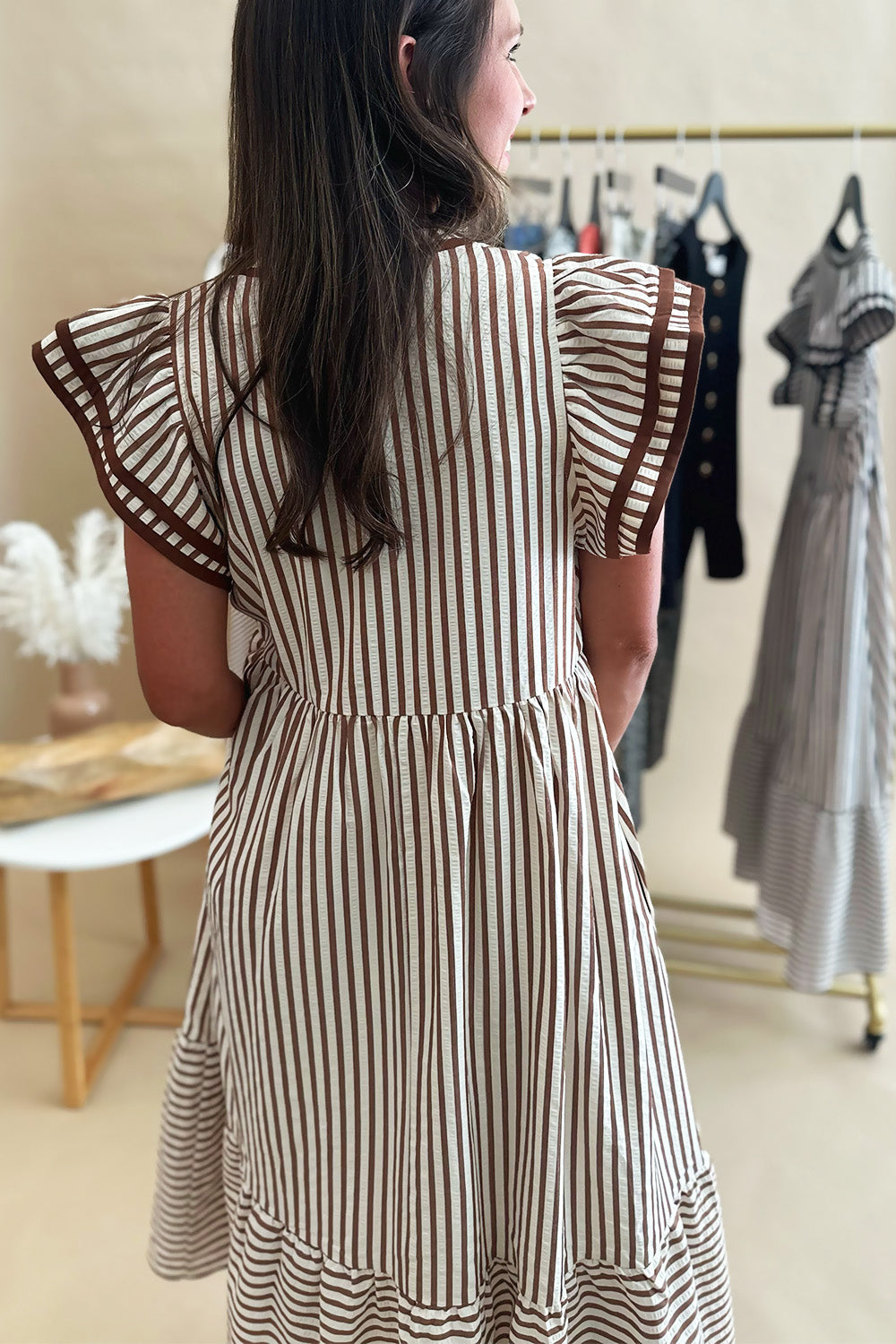 Striped Ruffle Shoulder Midi Brown