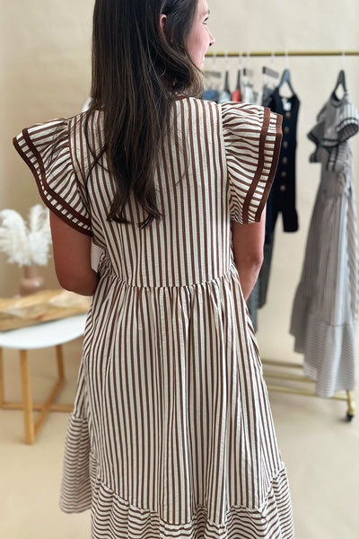 Striped Ruffle Shoulder Midi Brown