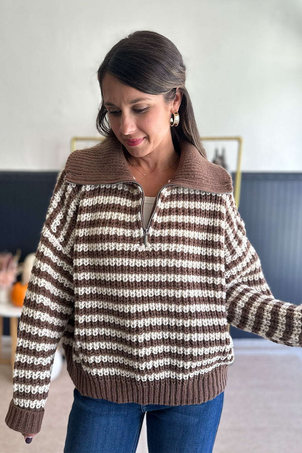 Brown and Cream Stripe Sweater Pullover