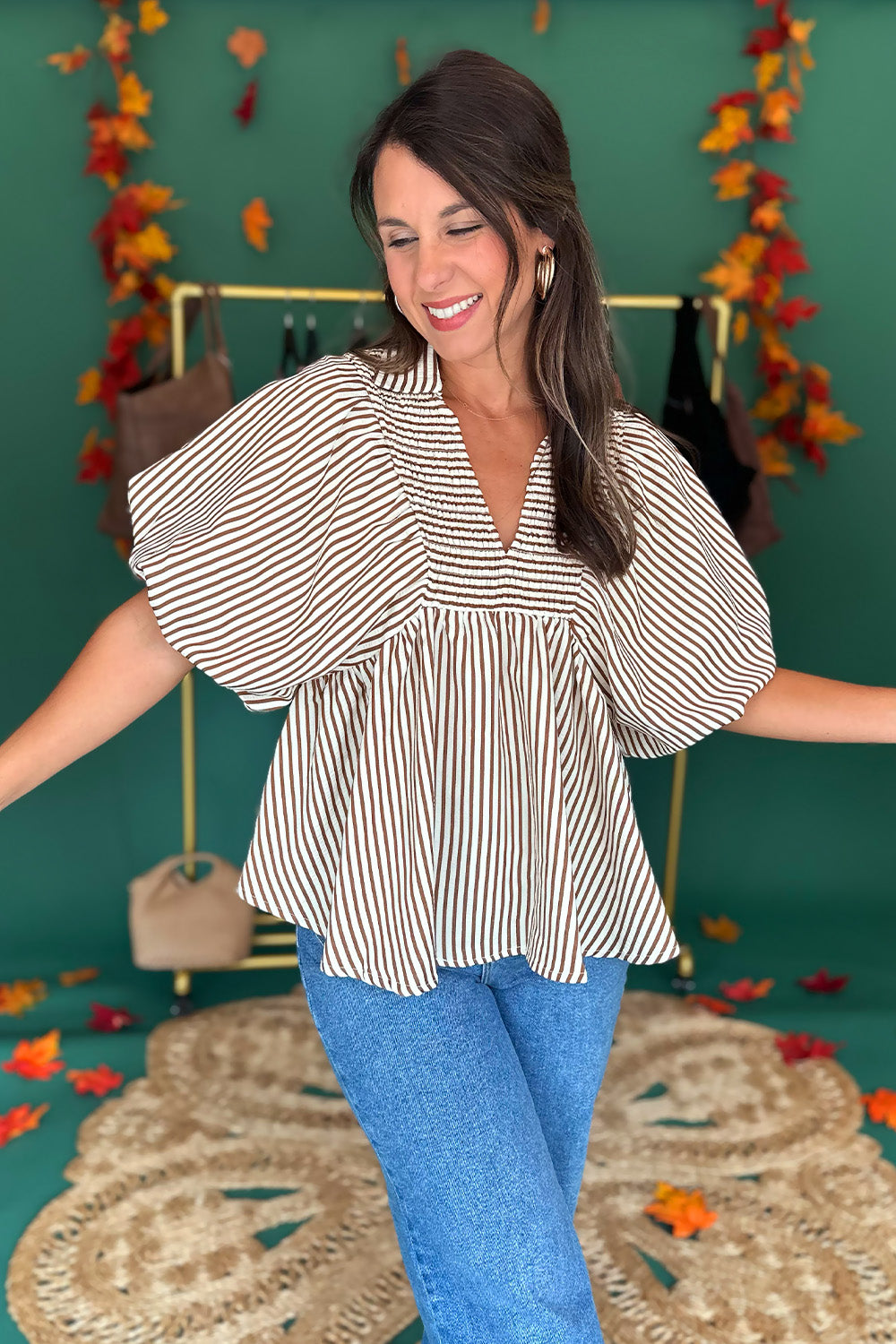 Striped Puff Sleeve Collared Top Brown