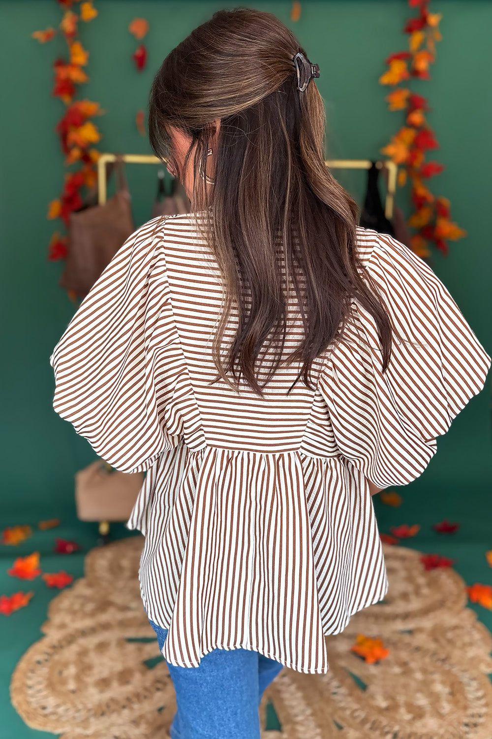 Striped Puff Sleeve Collared Top Brown