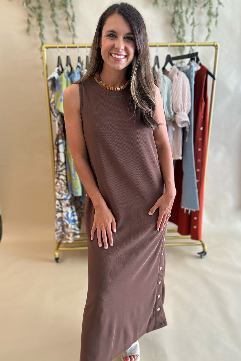 Gold Studded Sleeveless Midi Dress Brown