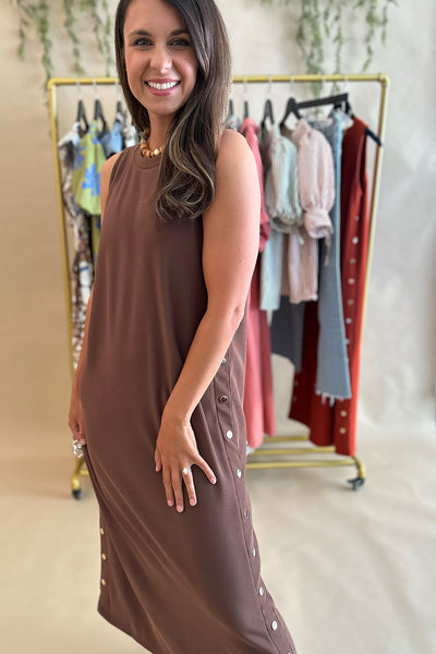 Gold Studded Sleeveless Midi Dress Brown