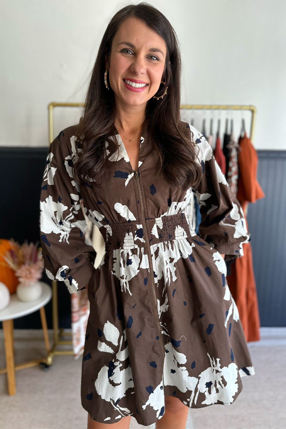 Brown Floral Zip Up Dress