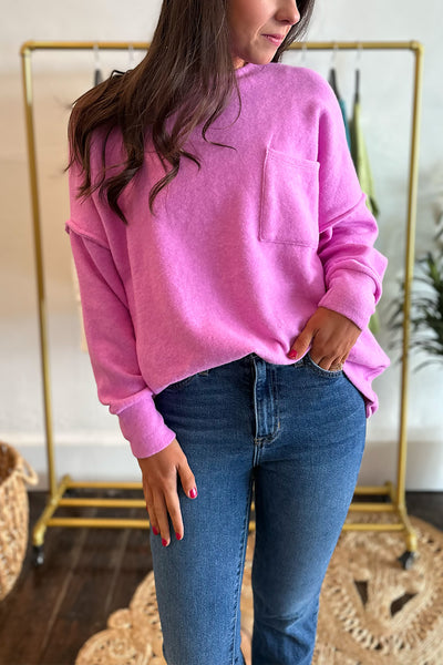 Brushed Knit LS Pocket Front Top Pink