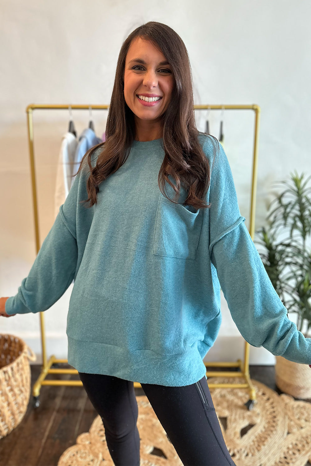 Brushed Knit LS Pocket Front Top Teal