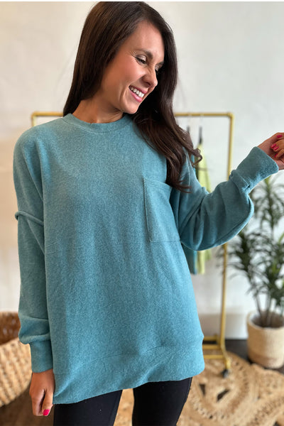 Brushed Knit LS Pocket Front Top Teal