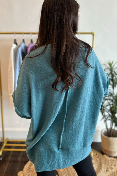 Brushed Knit LS Pocket Front Top Teal