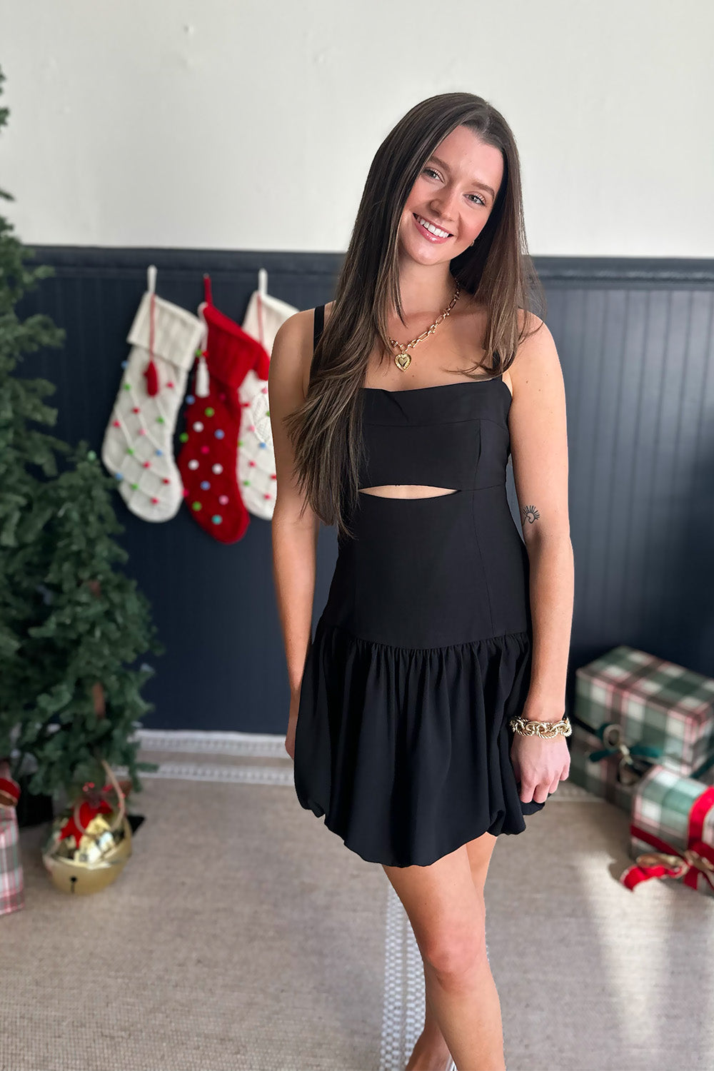 Black Puff Skirt Cut Out Dress