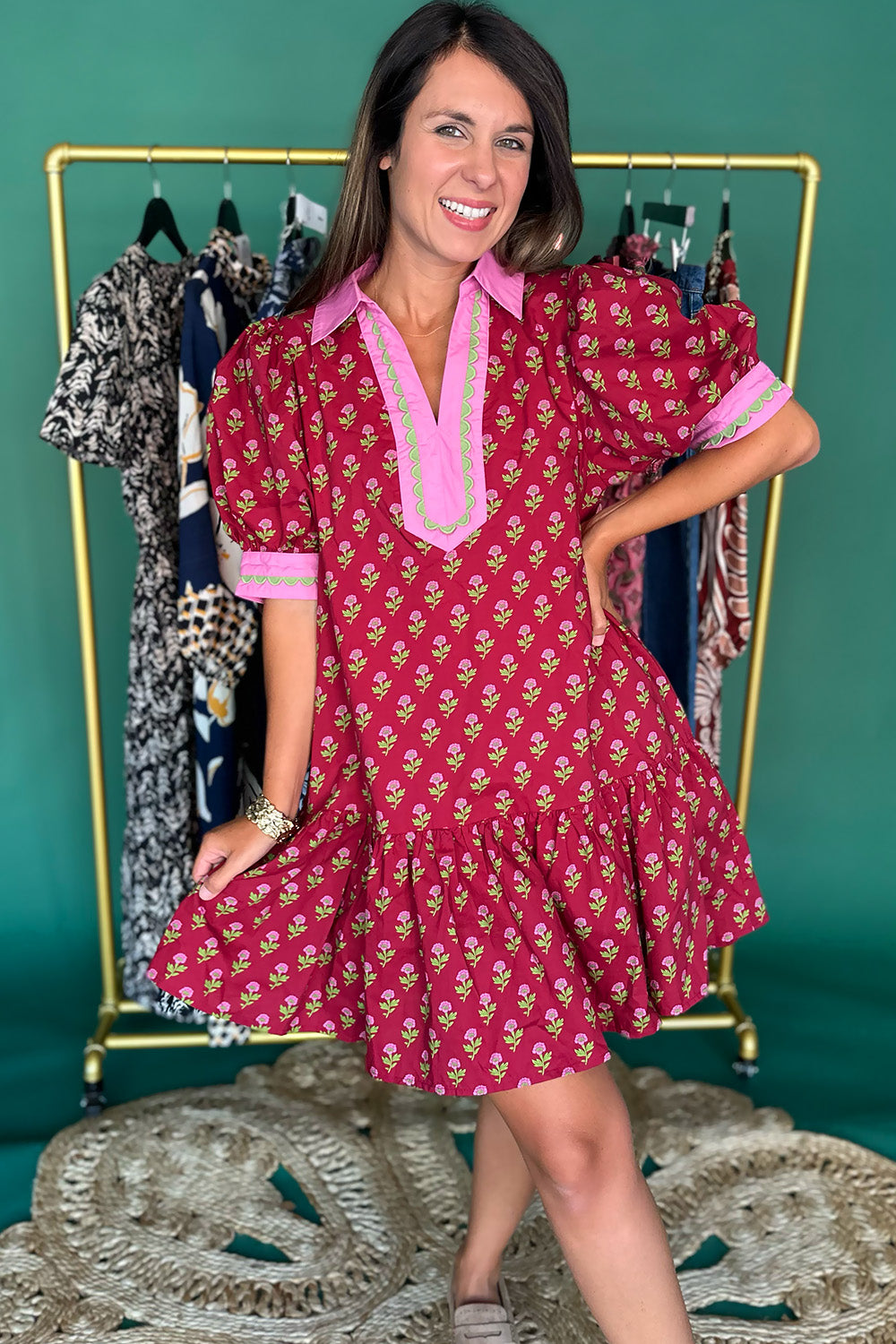 Burgundy, Pink, Green Floral Collared Dress
