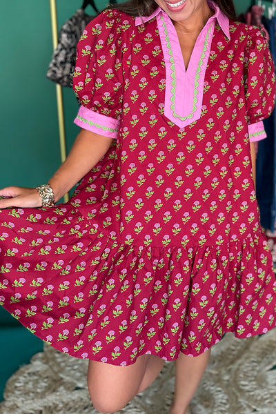Burgundy, Pink, Green Floral Collared Dress