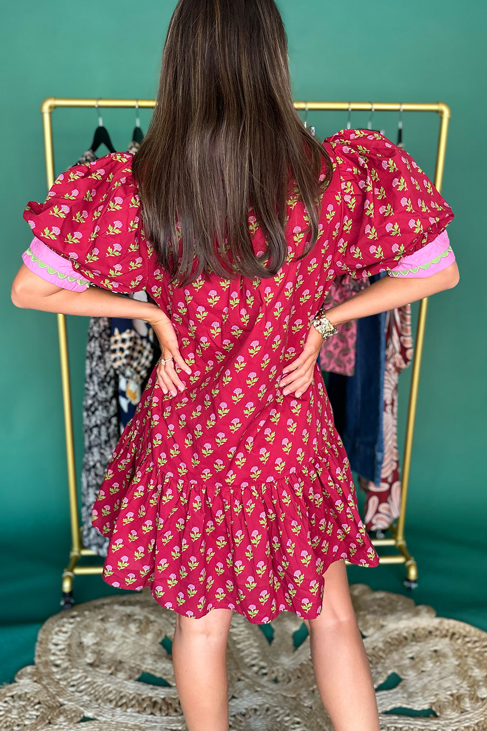 Burgundy, Pink, Green Floral Collared Dress