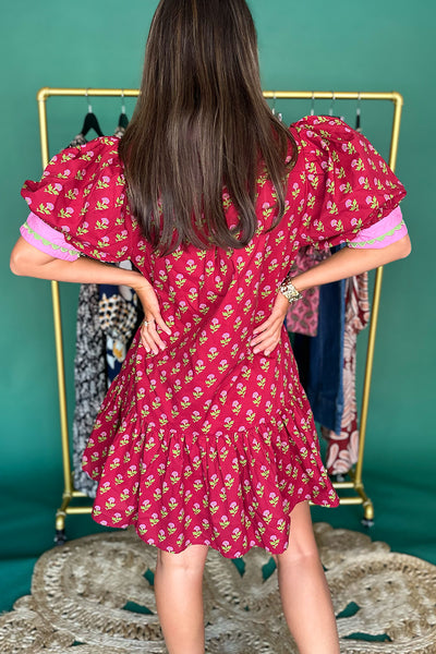 Burgundy, Pink, Green Floral Collared Dress