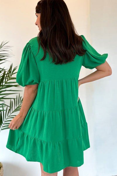Tiered Puff Sleeve Button Dress Green