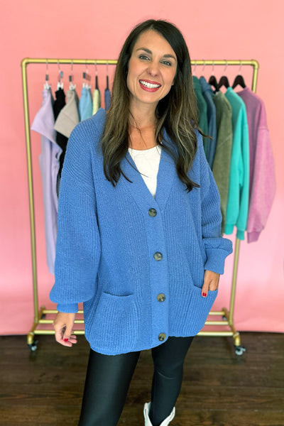 Button Front Knit Cardigan Blue