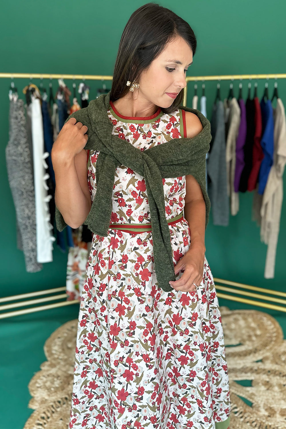 Rust and Green Floral Sleeveless Midi