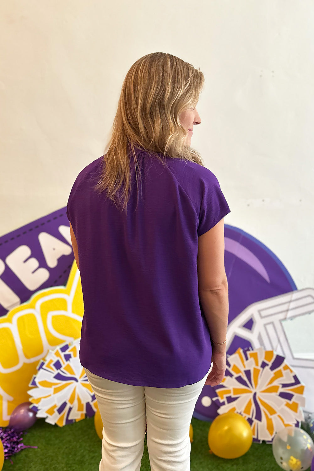 Purple Button Front Ruffle Neck Top