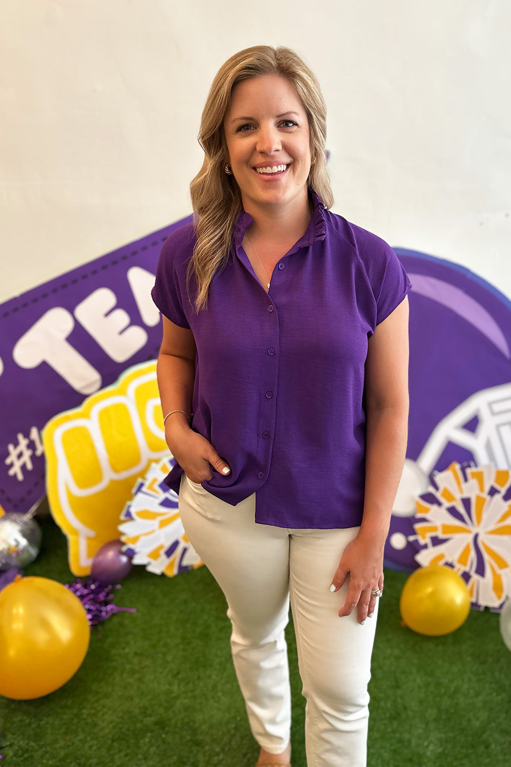 Purple Button Front Ruffle Neck Top