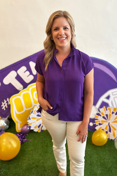 Purple Button Front Ruffle Neck Top