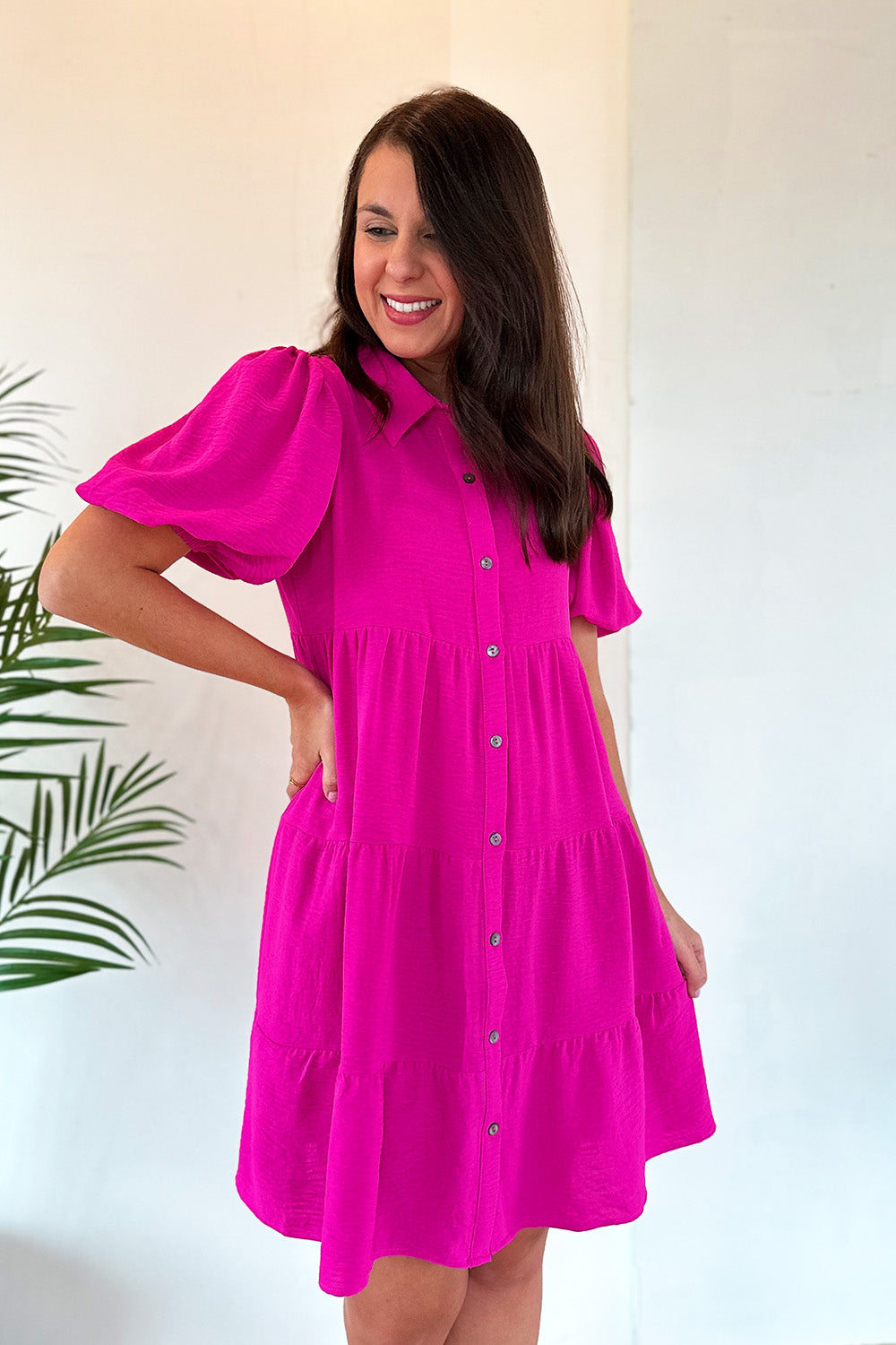Tiered Puff Sleeve Button Dress Pink