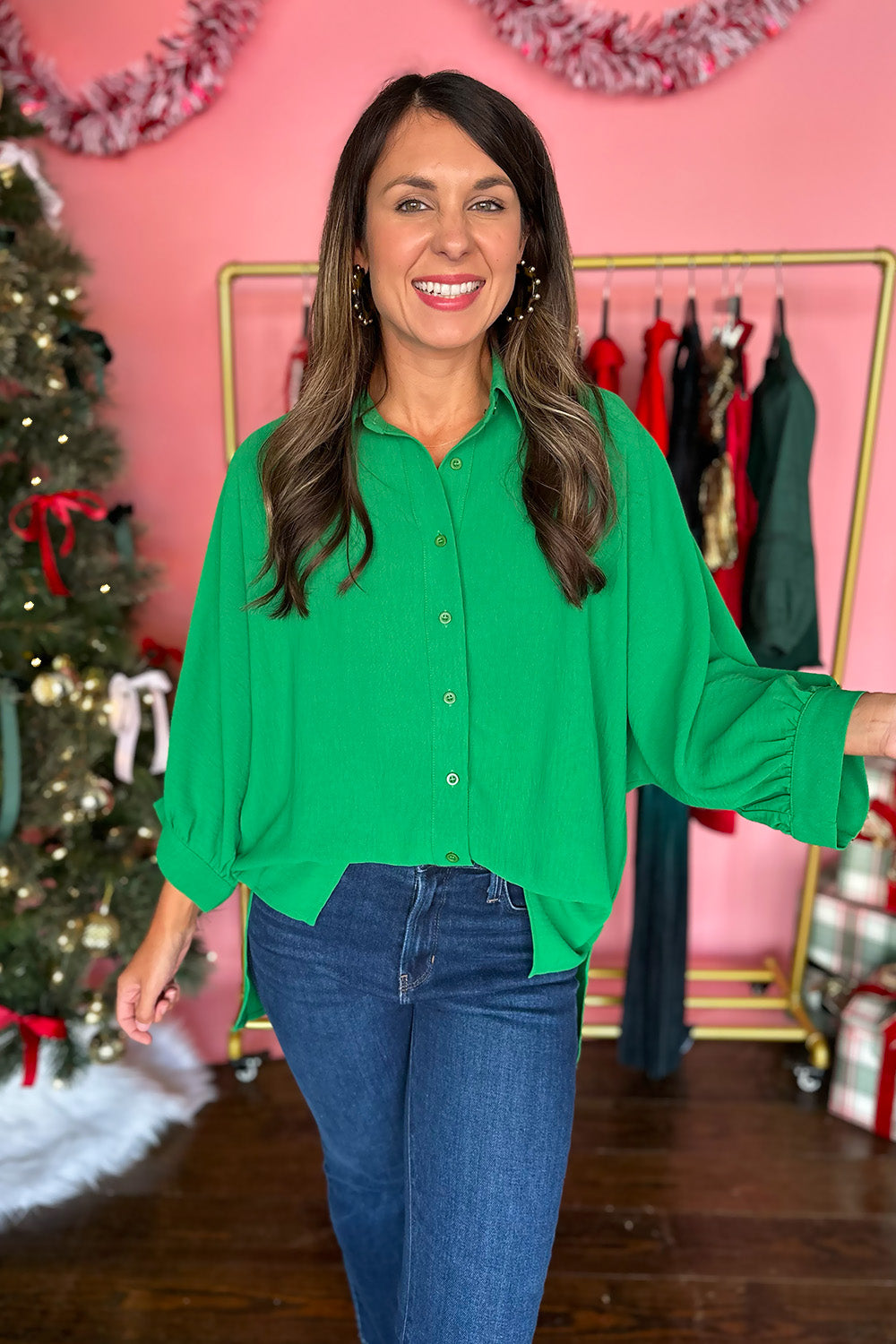 Solid Button Down Blouse Green