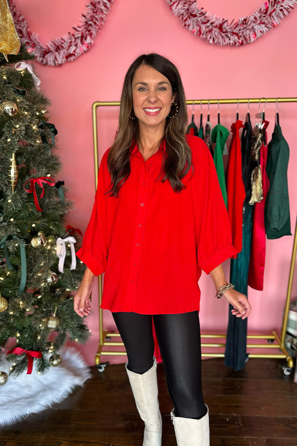 Solid Button Down Blouse Red