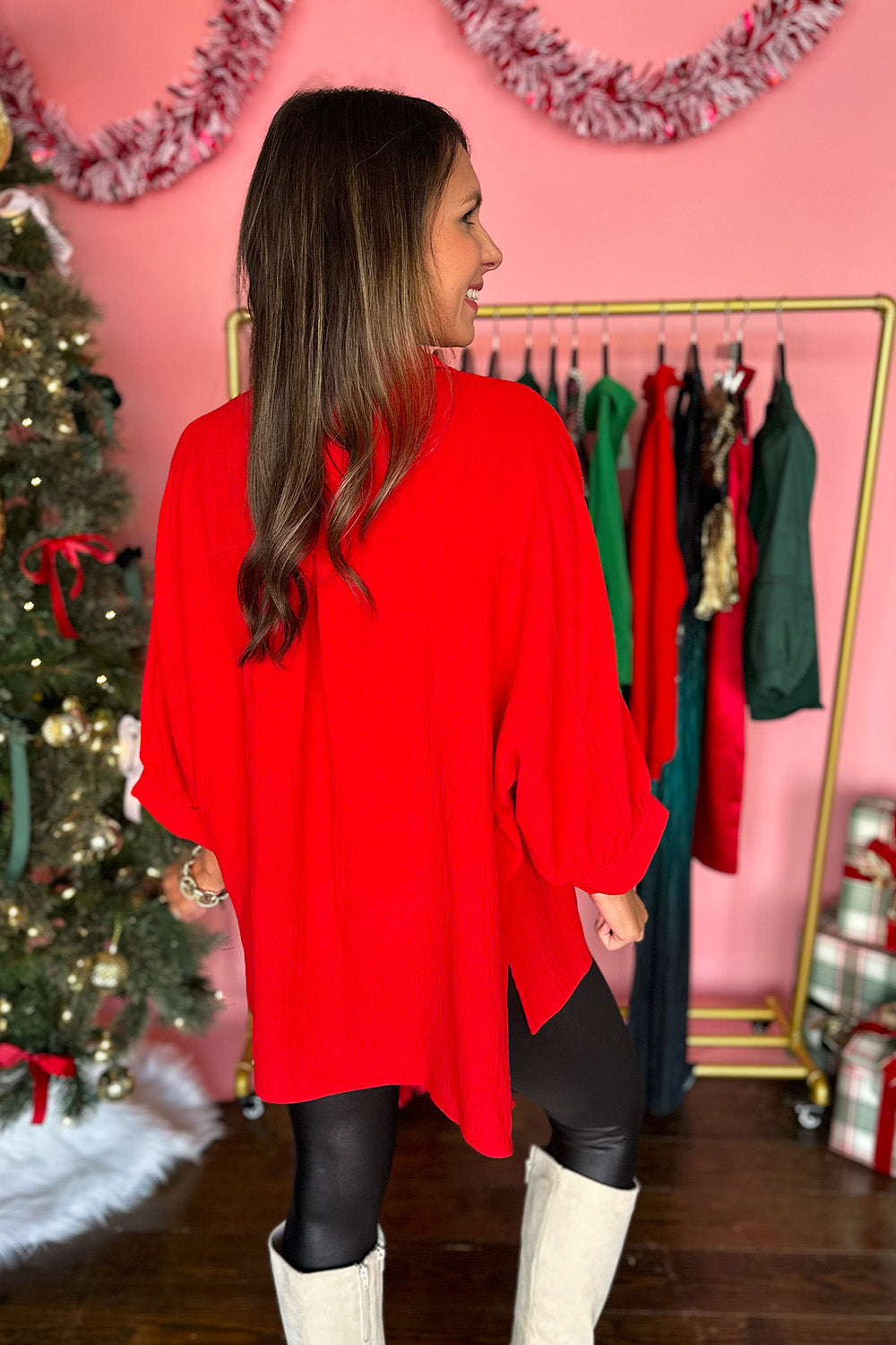 Solid Button Down Blouse Red