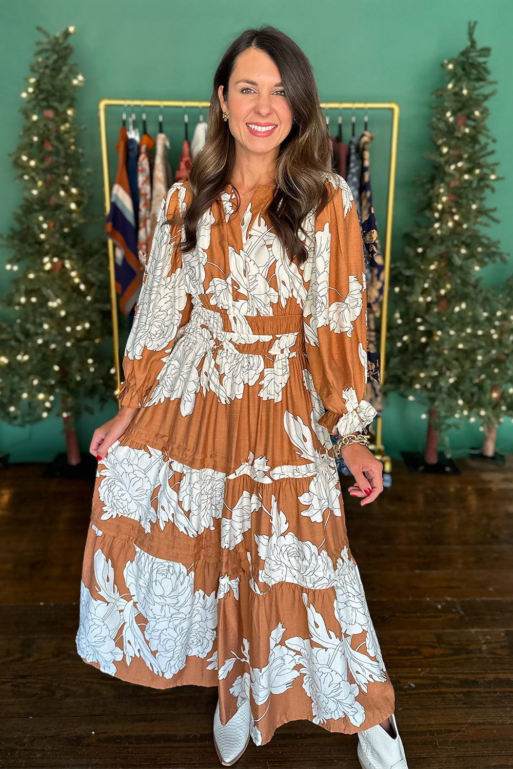 Caramel and Cream Floral Midi Dress