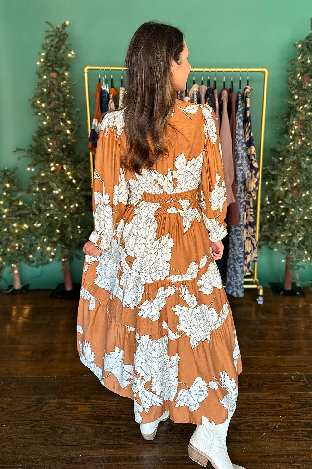 Caramel and Cream Floral Midi Dress