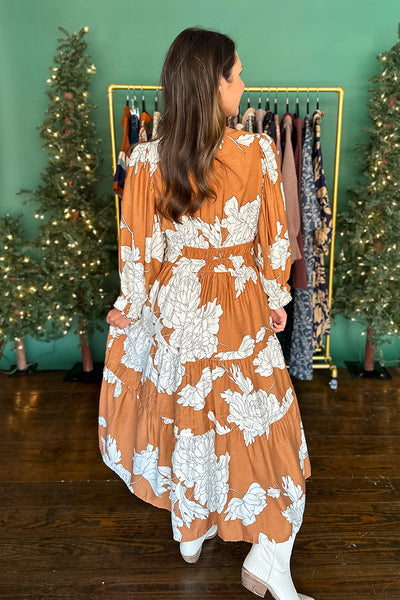 Caramel and Cream Floral Midi Dress