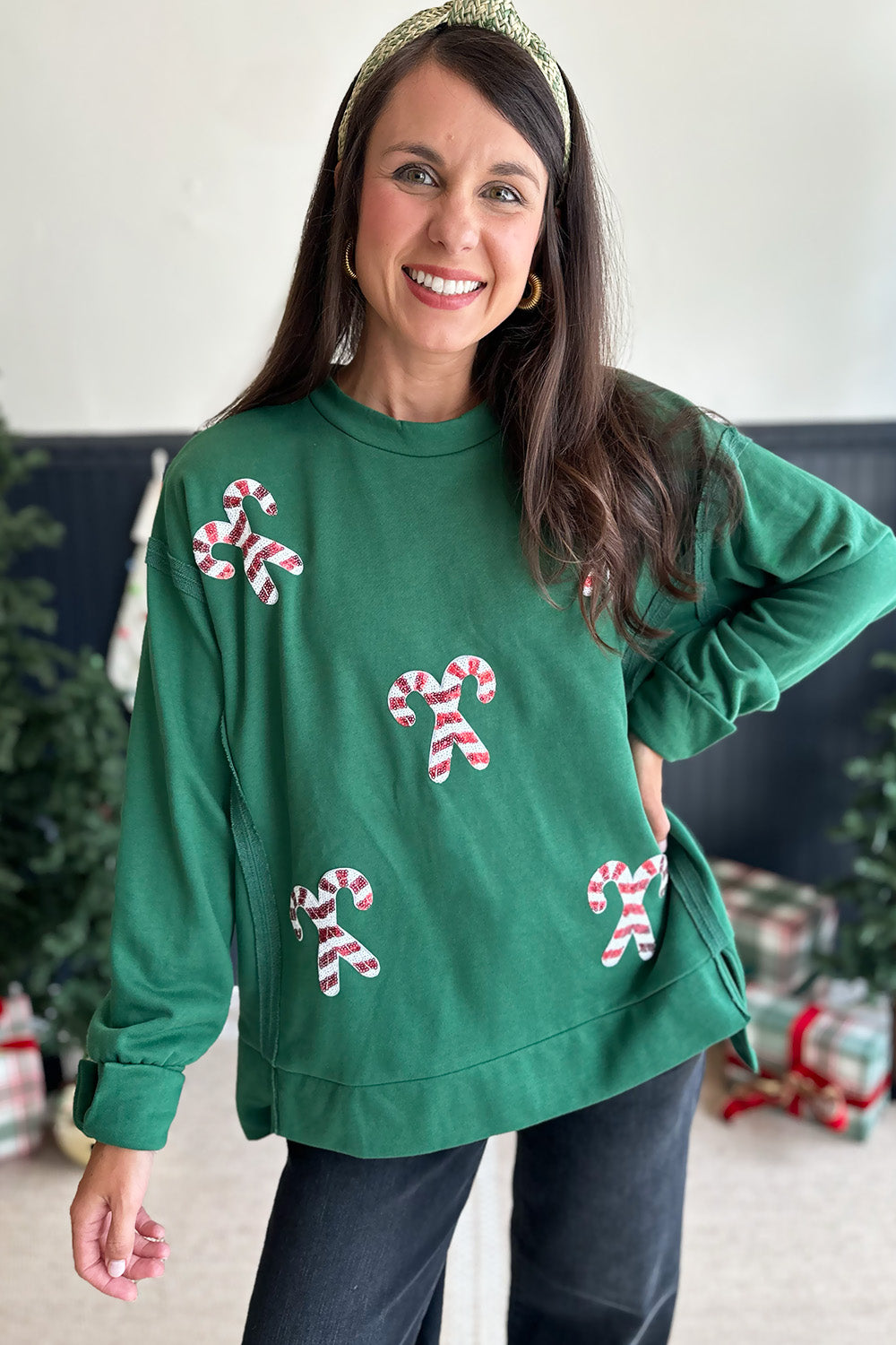 Green Sequin Candy Cane Sweatshirt