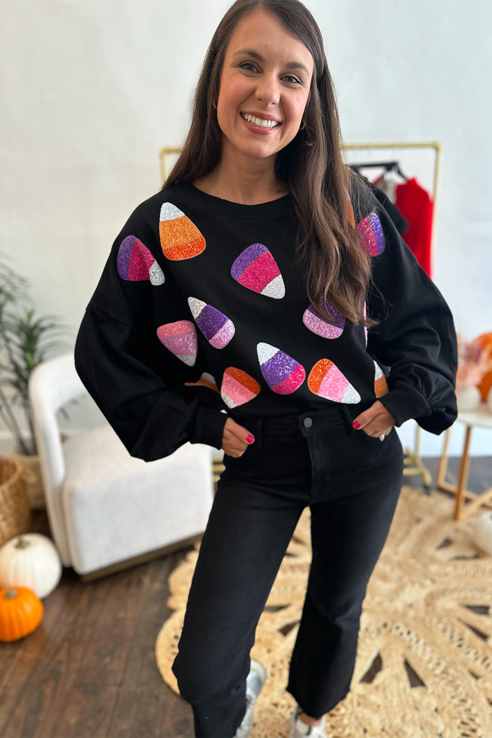 Black Sequin Candy Corn Top