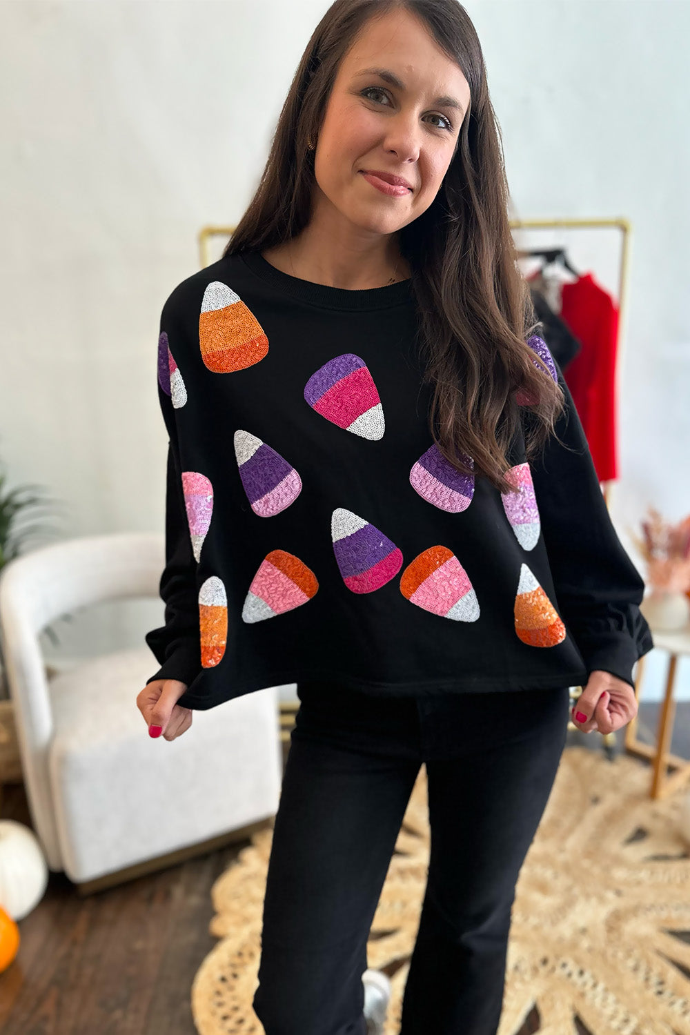 Black Sequin Candy Corn Top