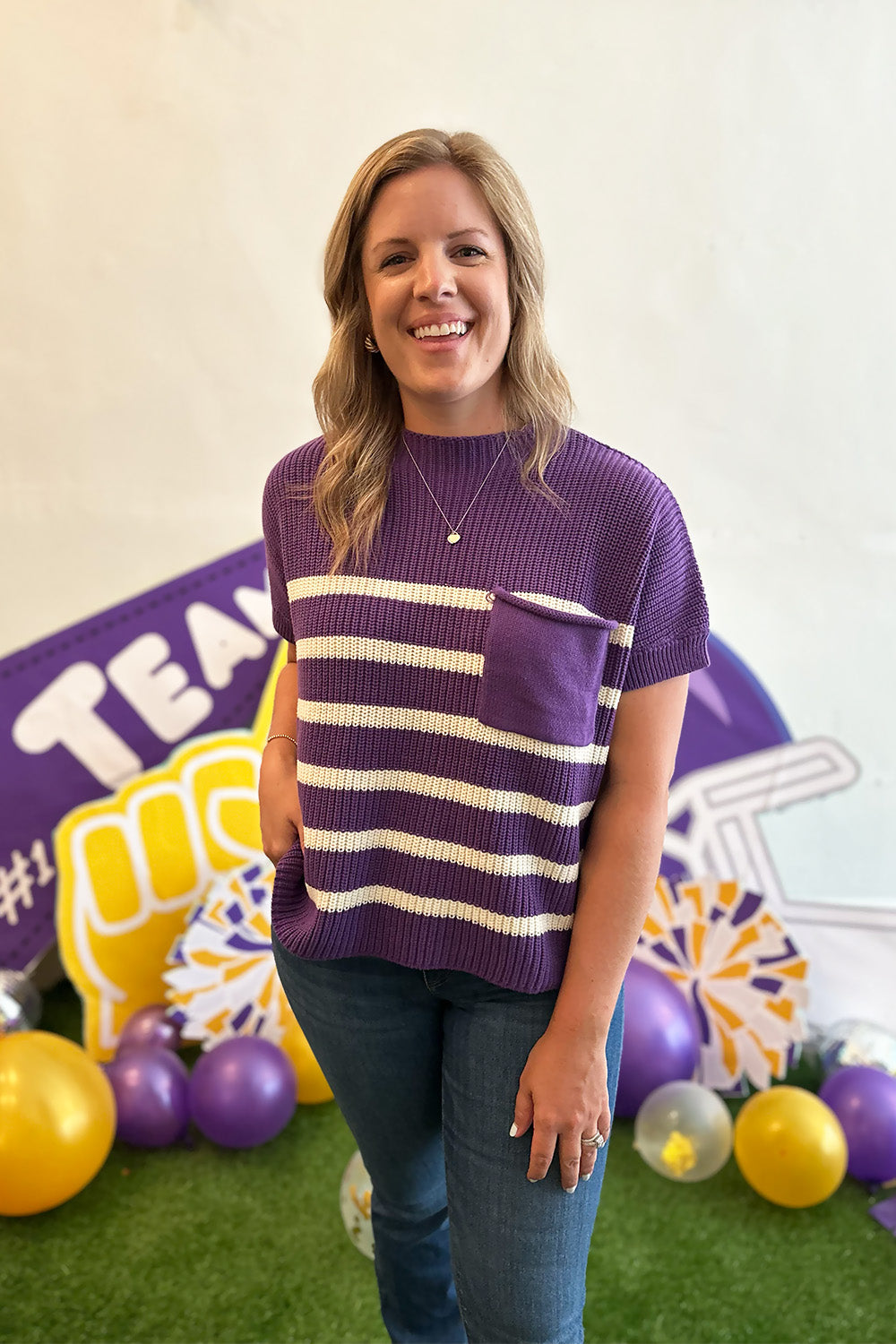 Purple and White Stripe Pocket Knit Top