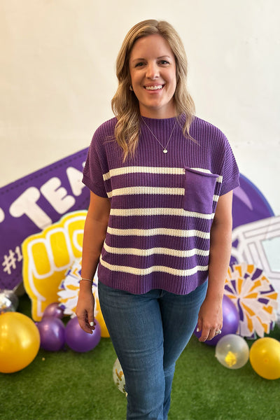 Purple and White Stripe Pocket Knit Top
