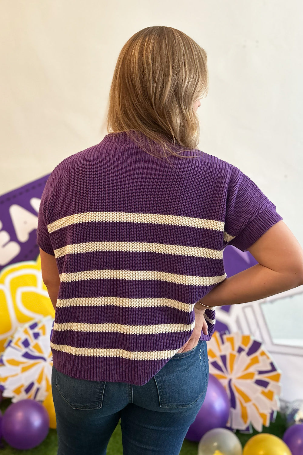 Purple and White Stripe Pocket Knit Top