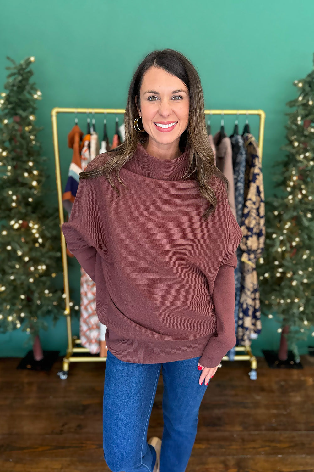 Brown Cowl Neck LS Sweater