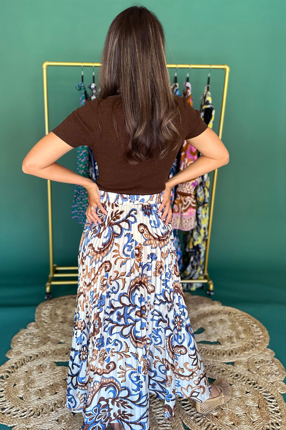 Brown and Blue Printed Pleated Midi Skirt