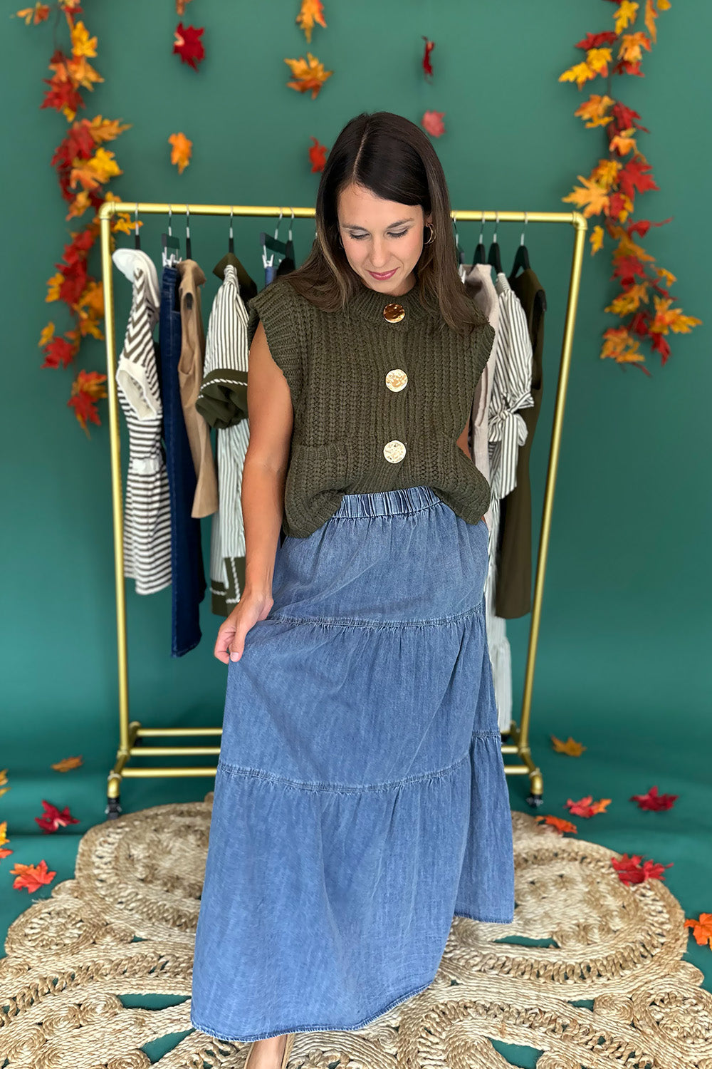 Washed Denim Tiered Midi Skirt