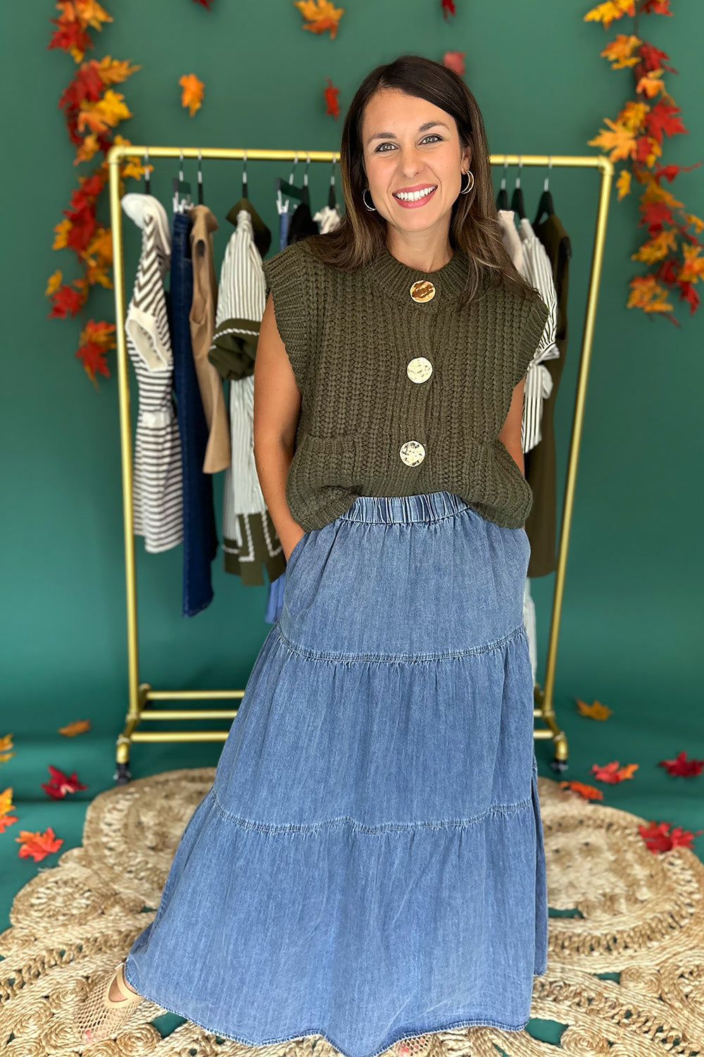 Washed Denim Tiered Midi Skirt