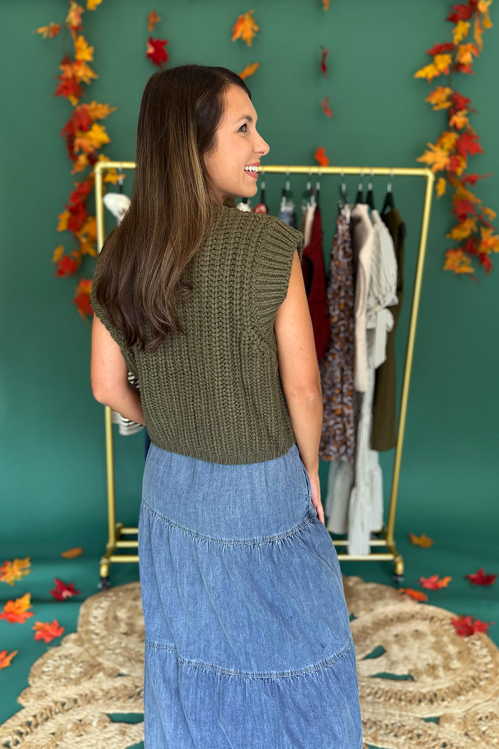 Chunky Knit Vest w/ Gold Buttons Olive