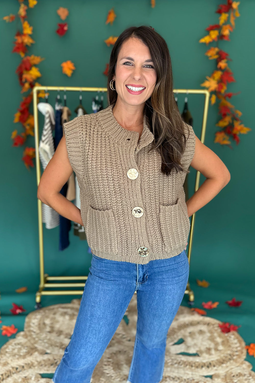 Chunky Knit Vest w/ Gold Buttons Tan