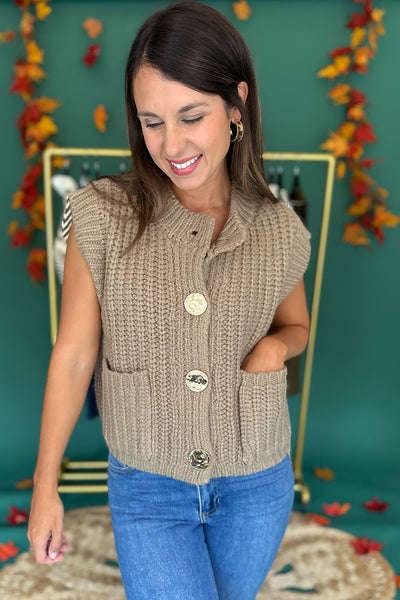Chunky Knit Vest w/ Gold Buttons Tan