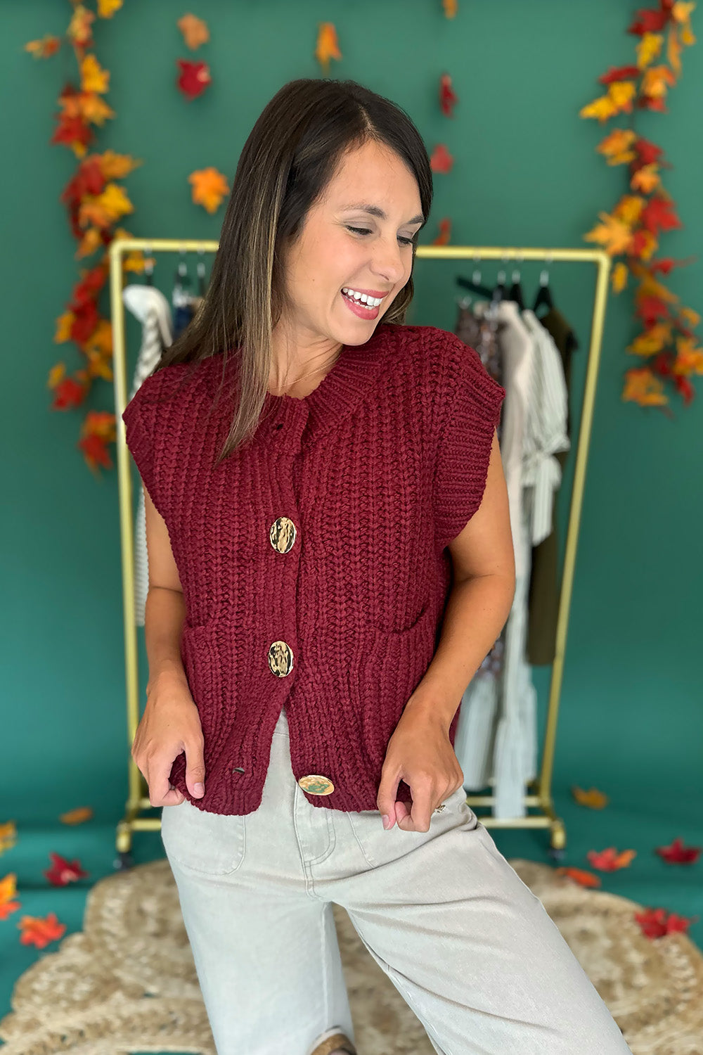 Chunky Knit Vest w/ Gold Buttons Wine