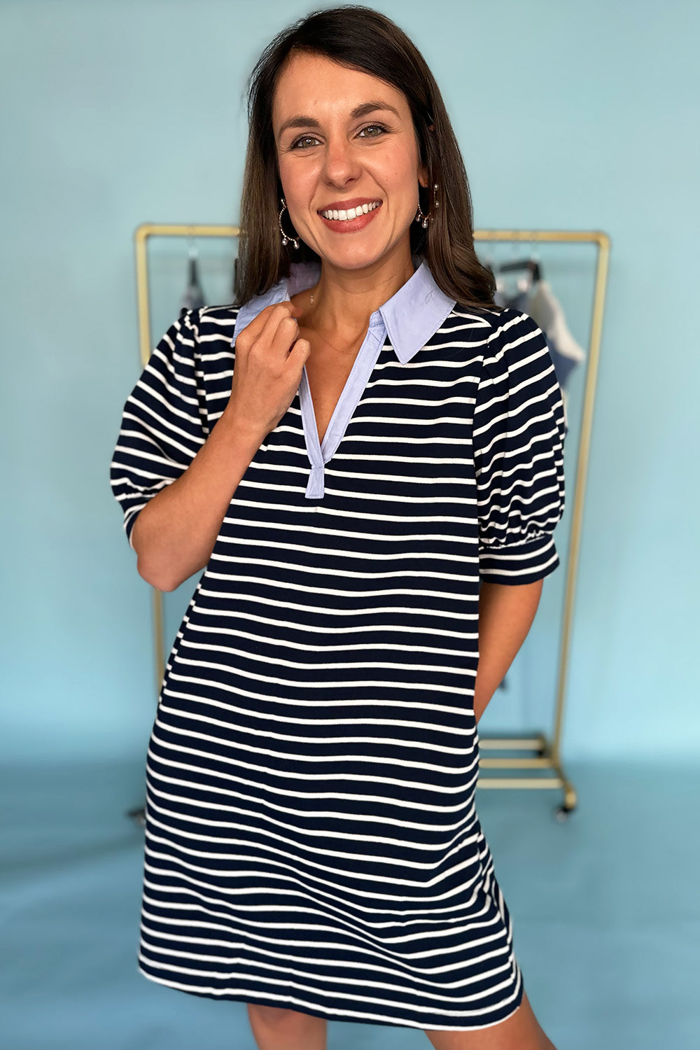 Stripe Vneck Collared SS Dress Navy