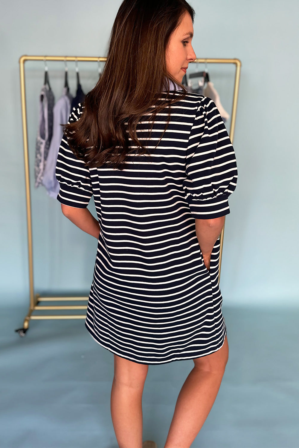 Stripe Vneck Collared SS Dress Navy