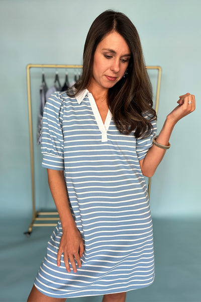 Stripe Vneck Collared SS Dress Blue