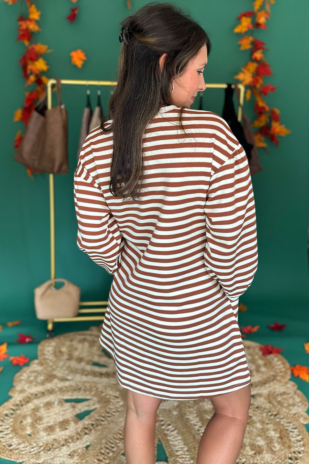 Brown Stripe Bubble Sleeve Dress