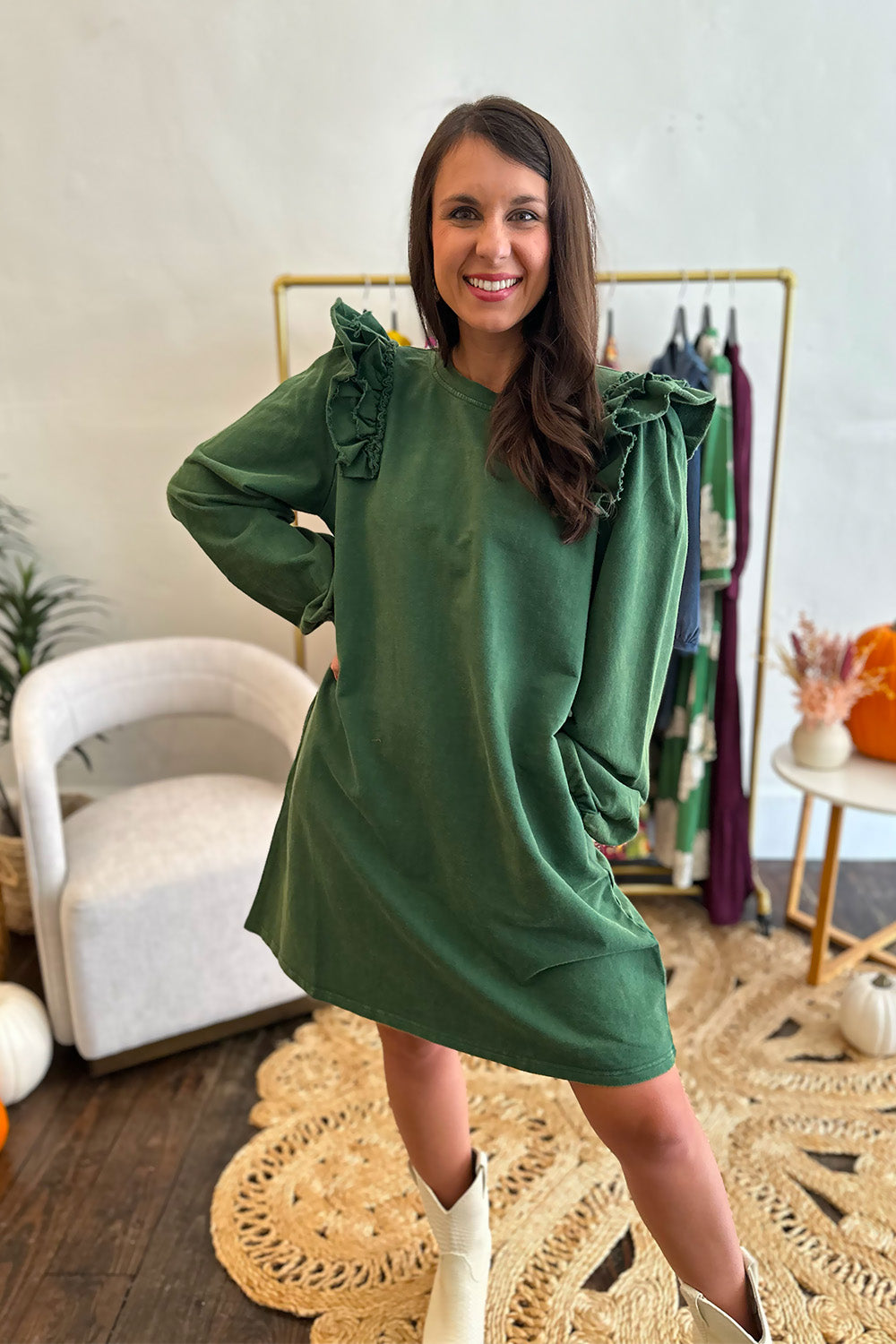 Green LS Ruffle Shoulder Comfy Dress