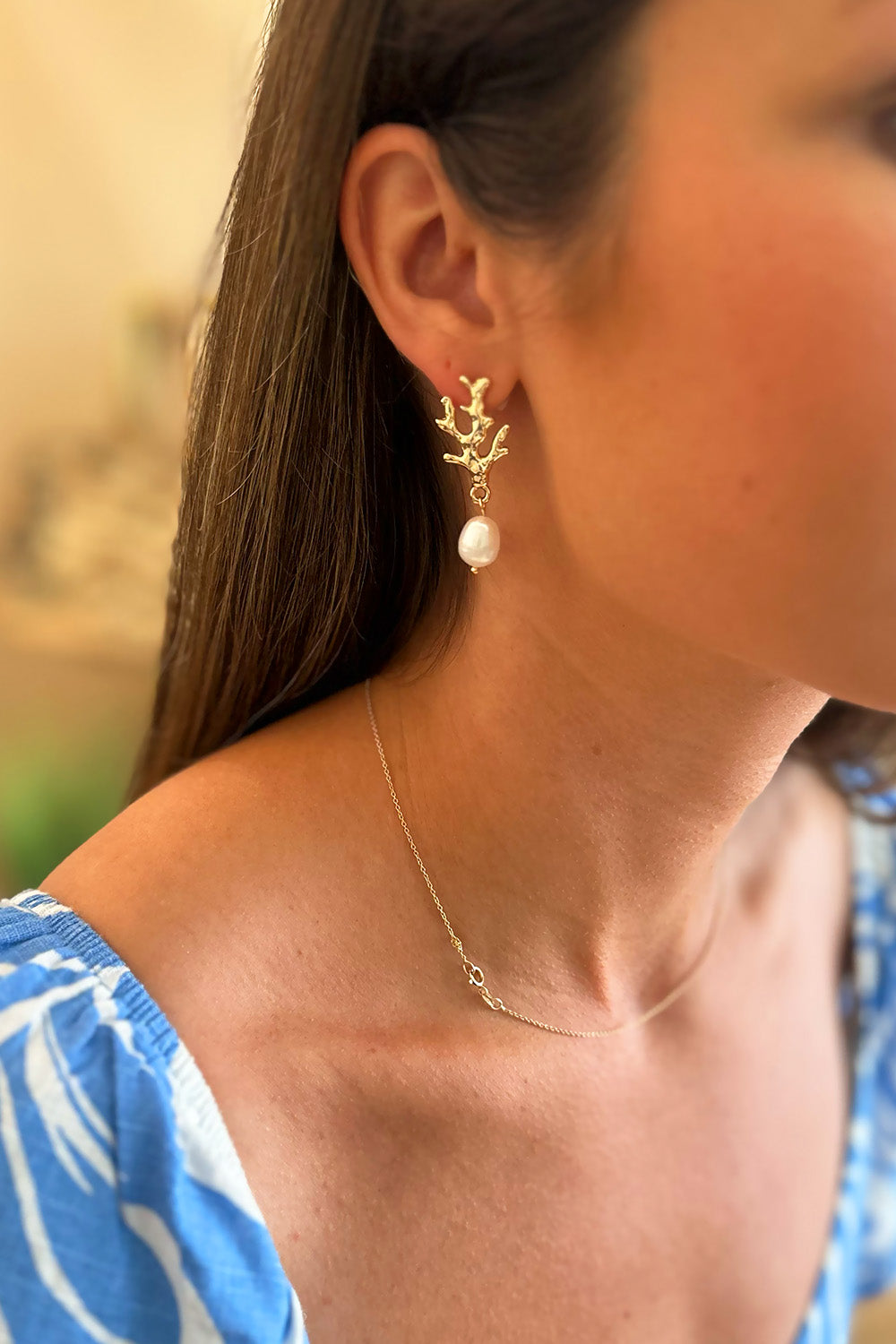 Gold Coral and Pearl Earrings